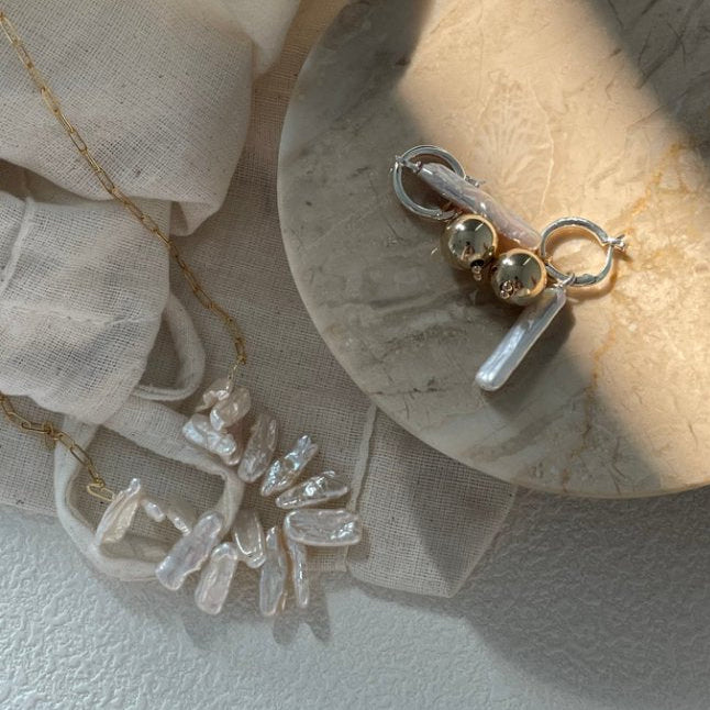 Pearls Aura Baroque Pearl Drop Earrings with Gold Accents – 18K Gold Plated Sterling Silver | Artistic Statement Hoops