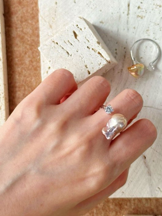 Pearls Aura Baroque Pearl & CZ Silver Ring – 925 Sterling Silver | Modern Elegance