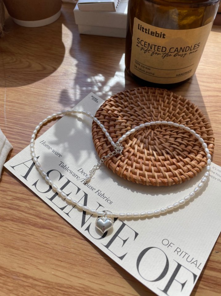 Pearls Aura Heart Charm Rice Pearl Necklace – 925 Sterling Silver | Dainty Freshwater Pearls (40cm + 5cm)