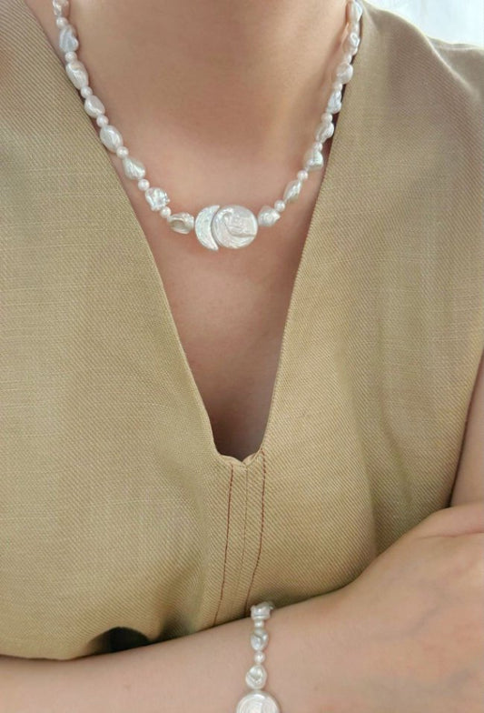 Pearls Aura Sun & Moon Baroque Pearl Necklace – Sterling Silver | 38cm + 5cm Adjustable