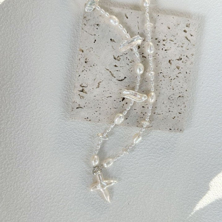 Pearls Aura Baroque Cross Long Necklace – Sterling Silver | Natural Freshwater Pearls (50cm)