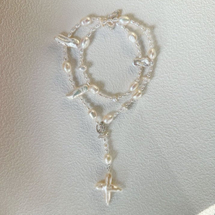 Pearls Aura Baroque Cross Long Necklace – Sterling Silver | Natural Freshwater Pearls (50cm)