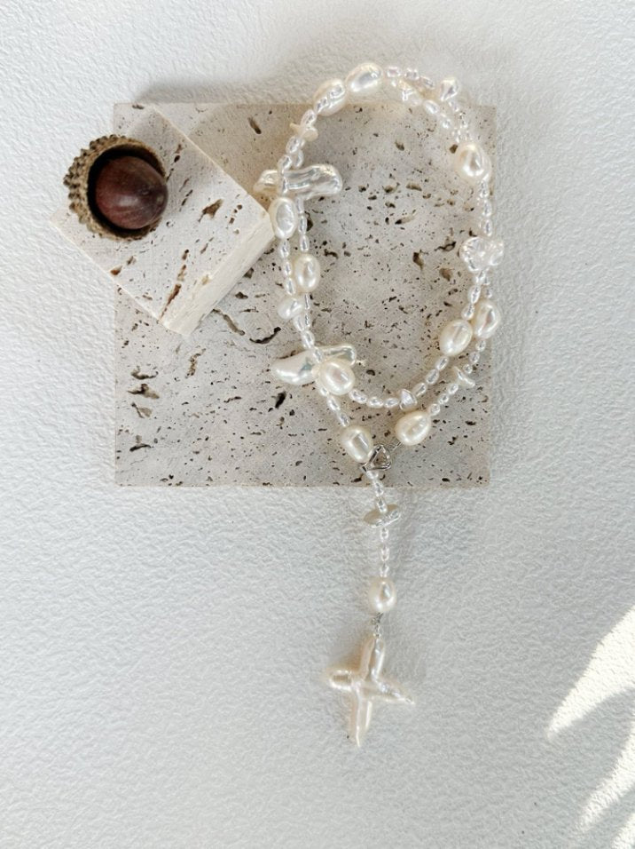 Pearls Aura Baroque Cross Long Necklace – Sterling Silver | Natural Freshwater Pearls (50cm)