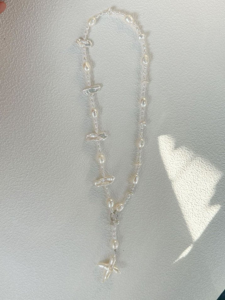 Pearls Aura Baroque Cross Long Necklace – Sterling Silver | Natural Freshwater Pearls (50cm)