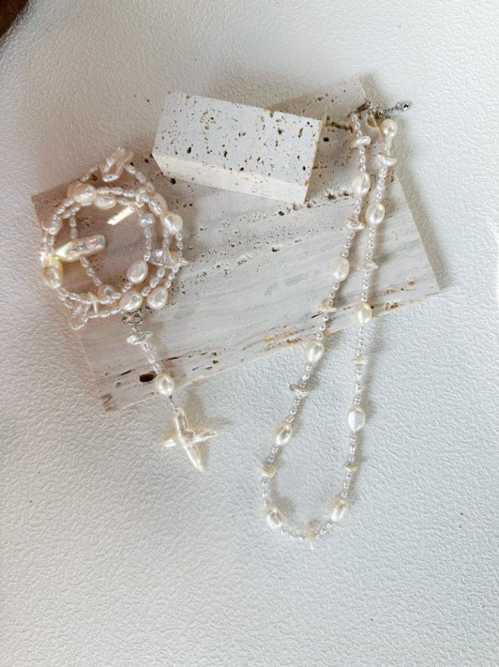 Pearls Aura Baroque Cross Long Necklace – Sterling Silver | Natural Freshwater Pearls (50cm)