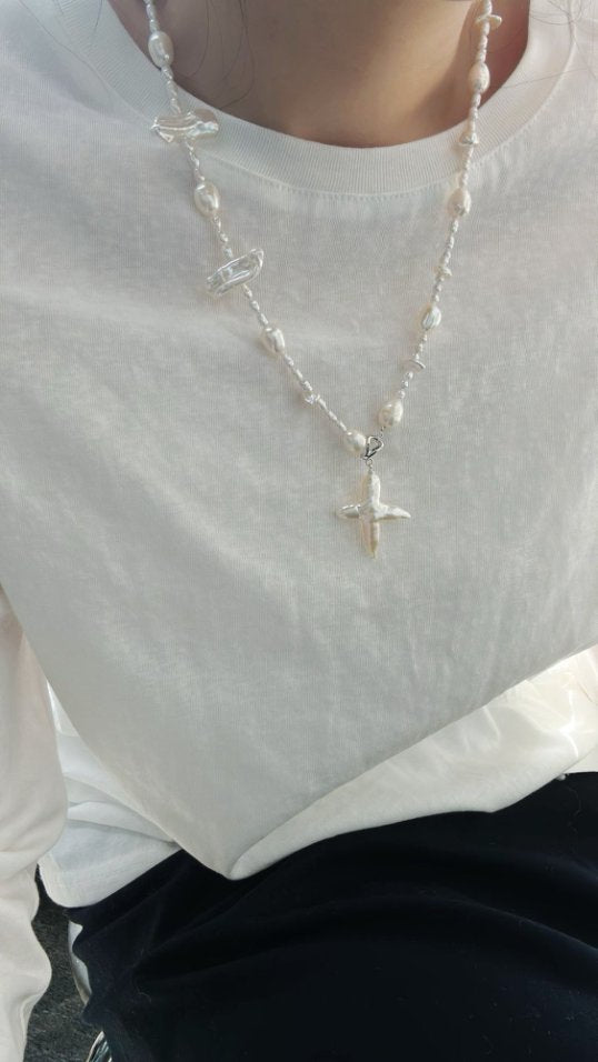 Pearls Aura Baroque Cross Long Necklace – Sterling Silver | Natural Freshwater Pearls (50cm)