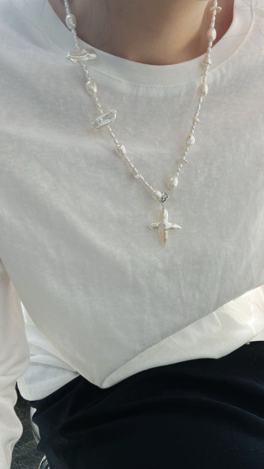 Pearls Aura Baroque Cross Long Necklace – Sterling Silver | Natural Freshwater Pearls (50cm)