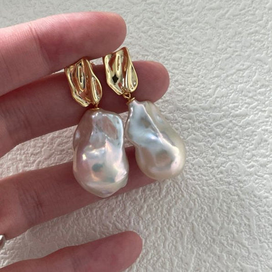 Pearls Aura Baroque Metal Drop Earrings – 18K Gold Plated on Sterling Silver | Modern Organic Elegance