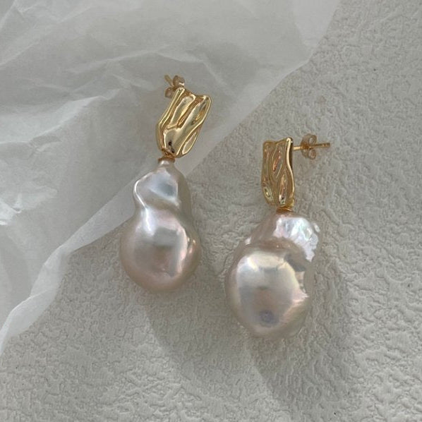 Pearls Aura Baroque Metal Drop Earrings – 18K Gold Plated on Sterling Silver | Modern Organic Elegance