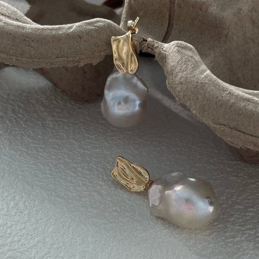 Pearls Aura Baroque Metal Drop Earrings – 18K Gold Plated on Sterling Silver | Modern Organic Elegance