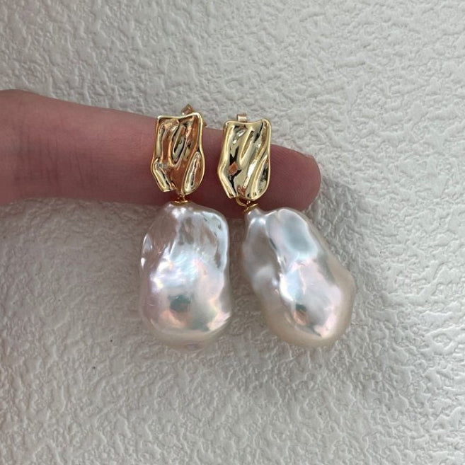 Pearls Aura Baroque Metal Drop Earrings – 18K Gold Plated on Sterling Silver | Modern Organic Elegance