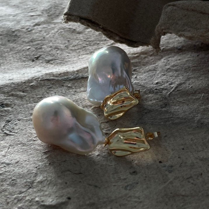 Pearls Aura Baroque Metal Drop Earrings – 18K Gold Plated on Sterling Silver | Modern Organic Elegance
