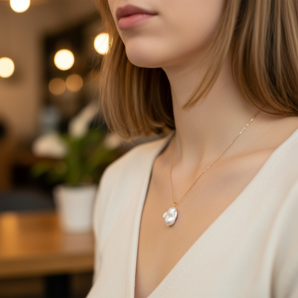 Pearls Aura Baroque Pearl Pendant Necklace – 14K Gold Filled | Organic Elegance Chain (45cm)