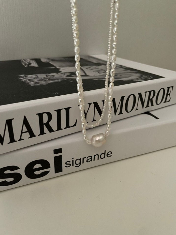 Pearls Aura Baroque Pearl & Rice Pearl Necklace – Sterling Silver | 38+5cm Adjustable Minimalist Elegance