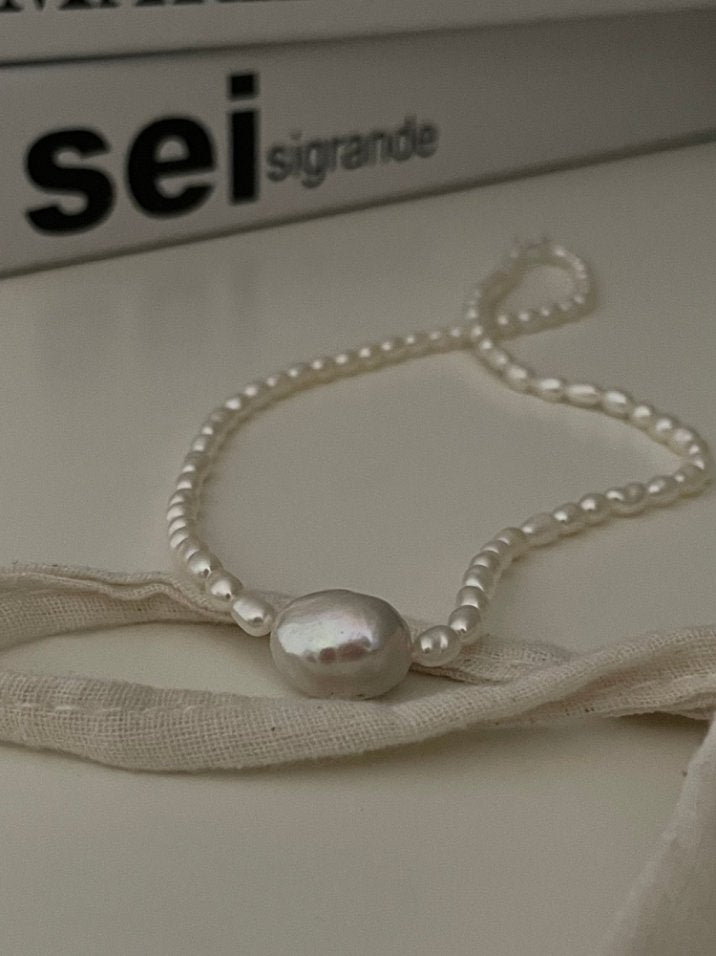 Pearls Aura Baroque Pearl & Rice Pearl Necklace – Sterling Silver | 38+5cm Adjustable Minimalist Elegance