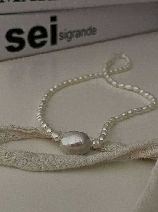 Pearls Aura Baroque Pearl & Rice Pearl Necklace – Sterling Silver | 38+5cm Adjustable Minimalist Elegance