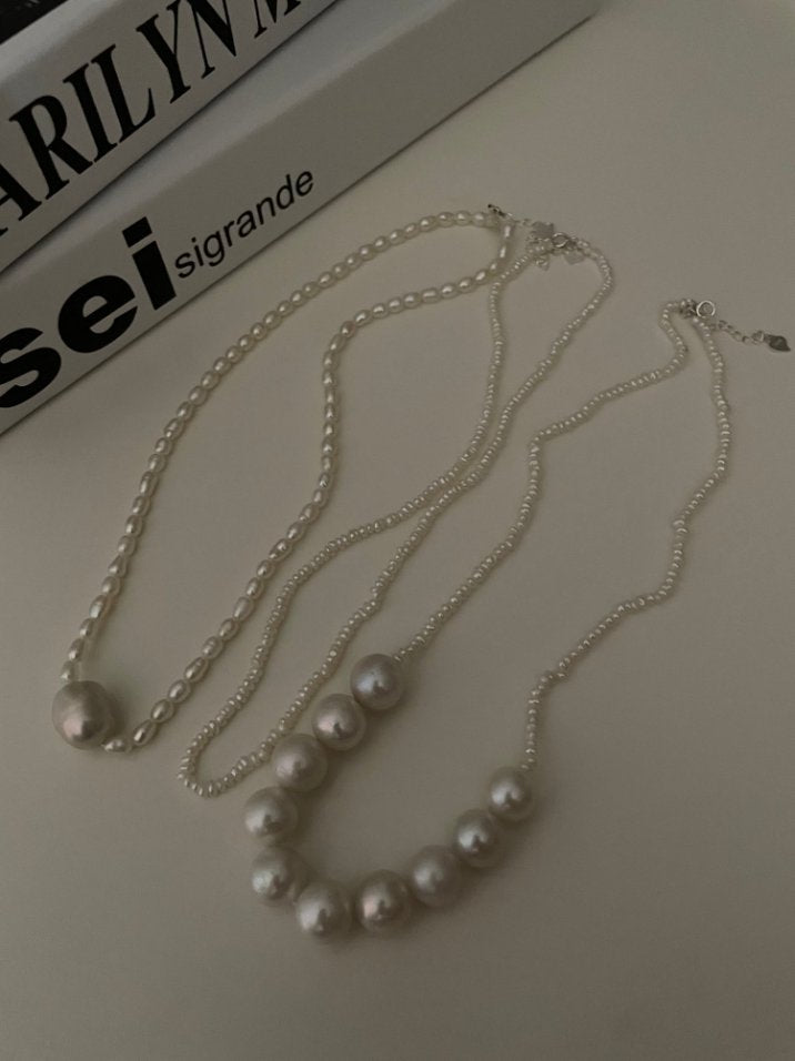 Pearls Aura Baroque Pearl & Rice Pearl Necklace – Sterling Silver | 38+5cm Adjustable Minimalist Elegance