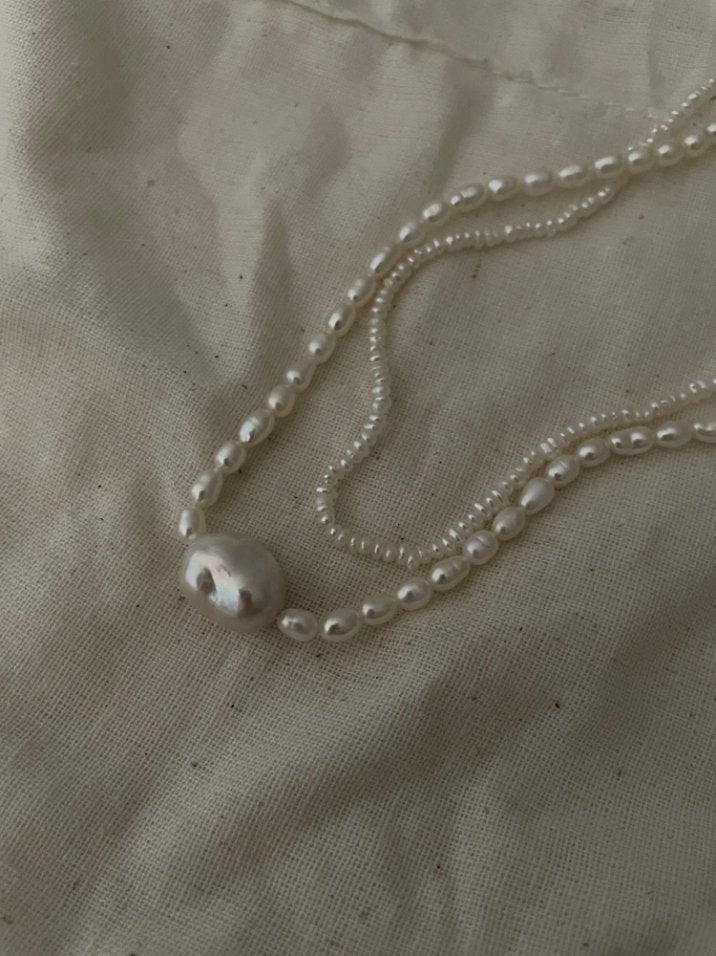 Pearls Aura Baroque Pearl & Rice Pearl Necklace – Sterling Silver | 38+5cm Adjustable Minimalist Elegance