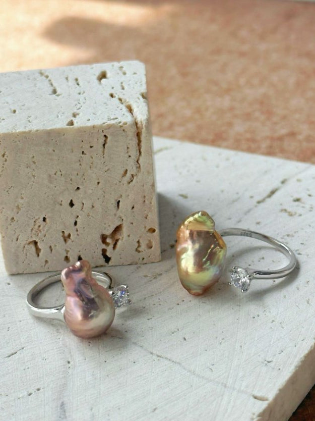 Pearls Aura Baroque Pearl & CZ Silver Ring – 925 Sterling Silver | Modern Elegance