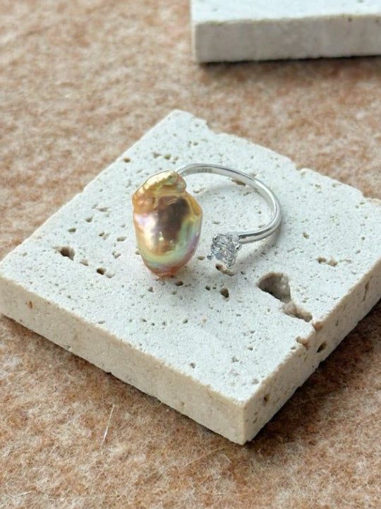 Pearls Aura Baroque Pearl & CZ Silver Ring – 925 Sterling Silver | Modern Elegance