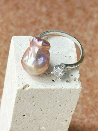 Pearls Aura Baroque Pearl & CZ Silver Ring – 925 Sterling Silver | Modern Elegance