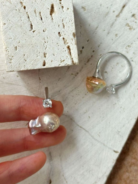 Pearls Aura Baroque Pearl & CZ Silver Ring – 925 Sterling Silver | Modern Elegance