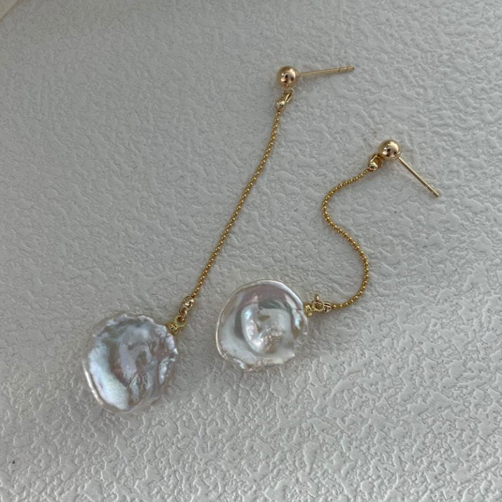 Pearls Aura Baroque Petal Chain Earrings – 14K Gold Filled | Modern Elegance in Motion