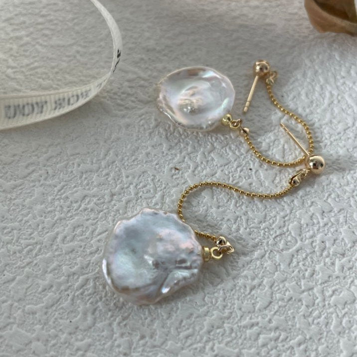 Pearls Aura Baroque Petal Chain Earrings – 14K Gold Filled | Modern Elegance in Motion