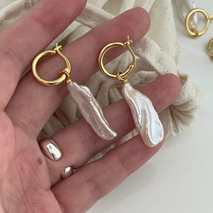 Pearls Aura Baroque Pipa Pearl Earrings – 18K Gold Plated on Sterling Silver | Elegant Irregular Drop Design