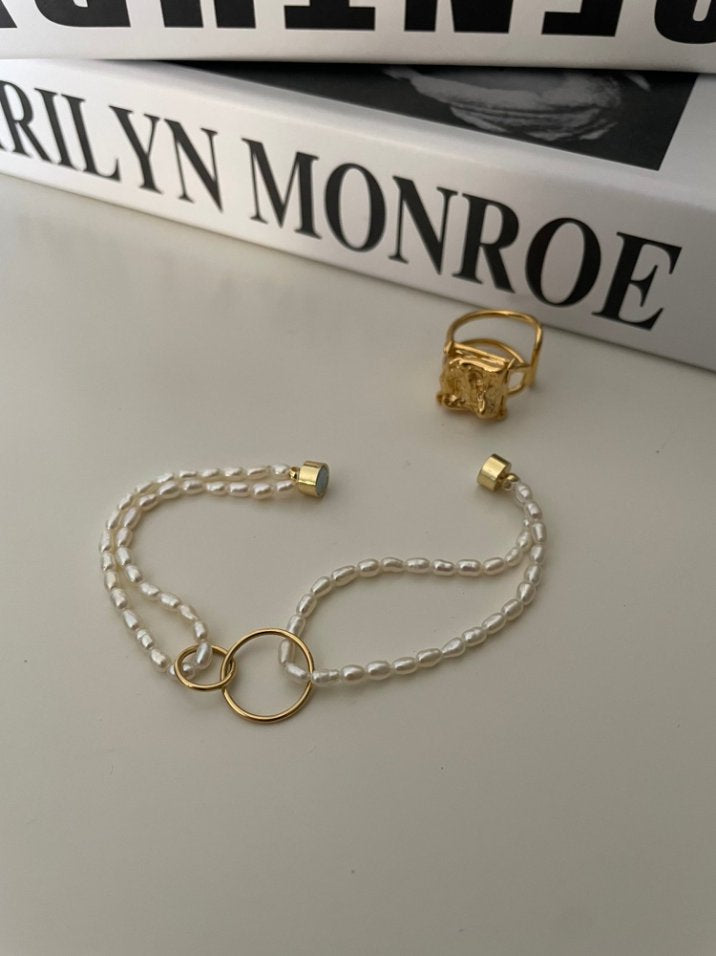 Pearls Aura Double Layer Pearl Bracelet – 14K Gold Filled Clasp & 18K Gold Plated Silver Rings | Romantic Elegance