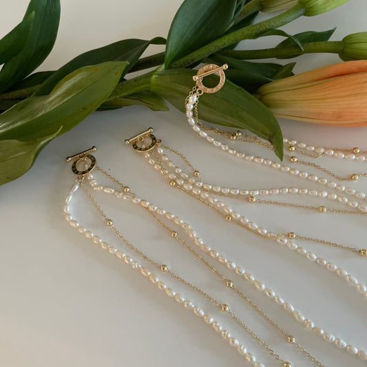 Pearls Aura Double Layer Pearl & Gold Chain Necklace – Natural Freshwater Pearls & 14K Gold Plated | Elegant Layered Design