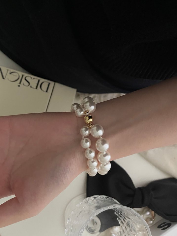Pearls Aura French Double-Layer Swarovski Pearl Bracelet – 14K Gold Plated Magnetic Clasp