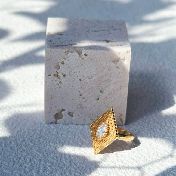 Pearls Aura Greek Eye Ring – 18K Gold Plated Silver | Vintage Luxe Protection Charm