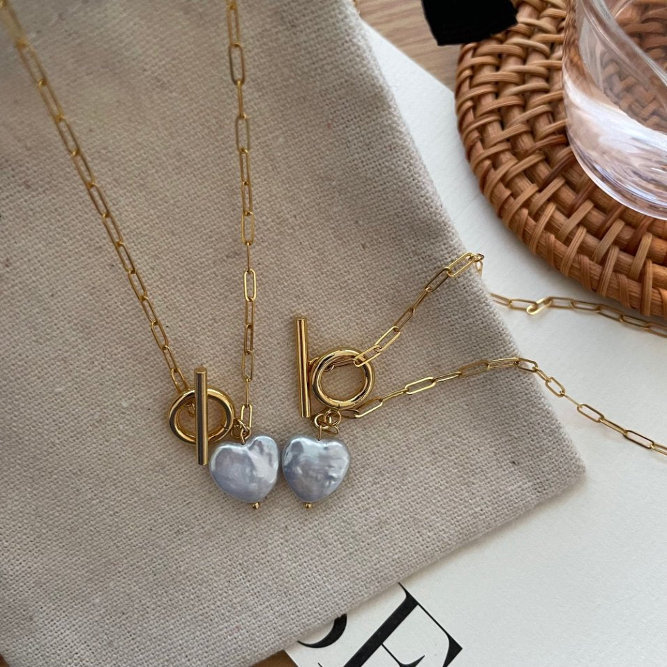Pearls Aura Heart Baroque Pearl Necklace – 14K Gold Filled Toggle Chain | Romantic Handmade Jewelry (45cm)