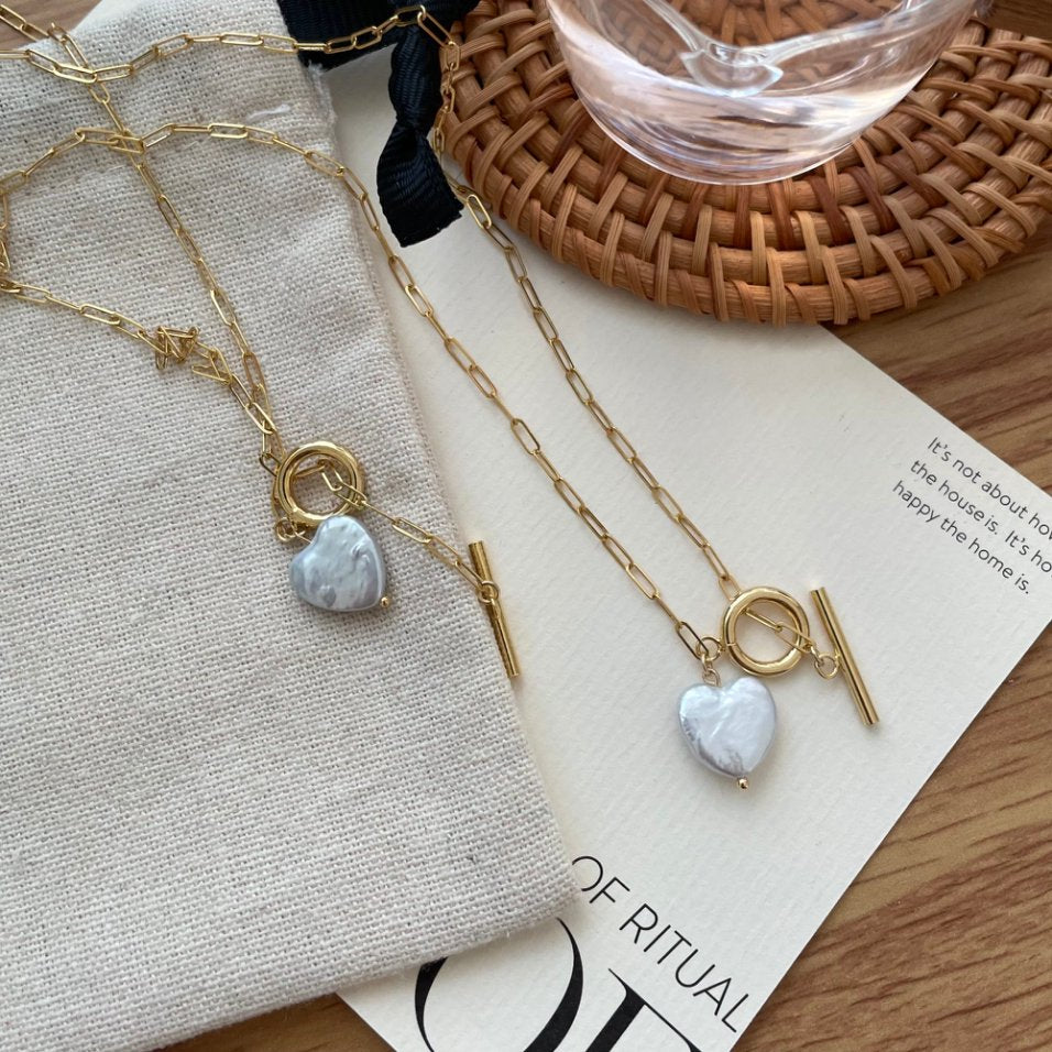 Pearls Aura Heart Baroque Pearl Necklace – 14K Gold Filled Toggle Chain | Romantic Handmade Jewelry (45cm)