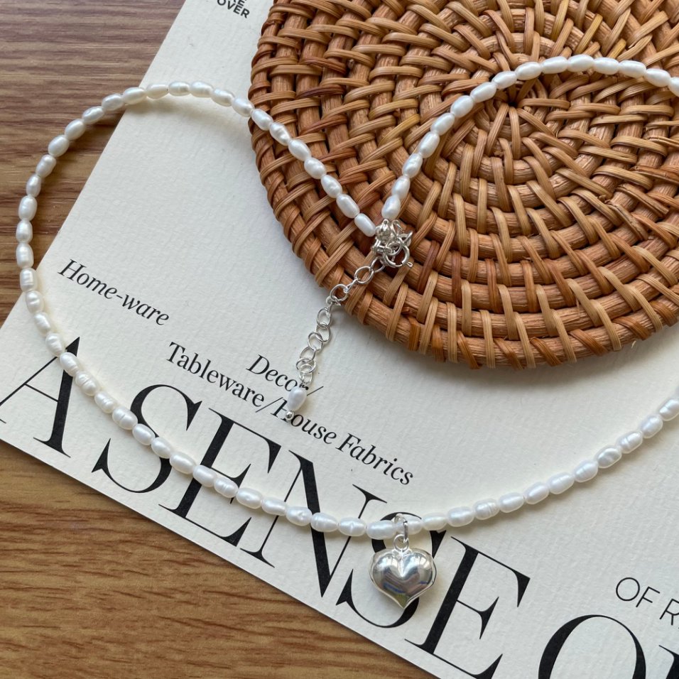 Pearls Aura Heart Charm Rice Pearl Necklace – 925 Sterling Silver | Dainty Freshwater Pearls (40cm + 5cm)