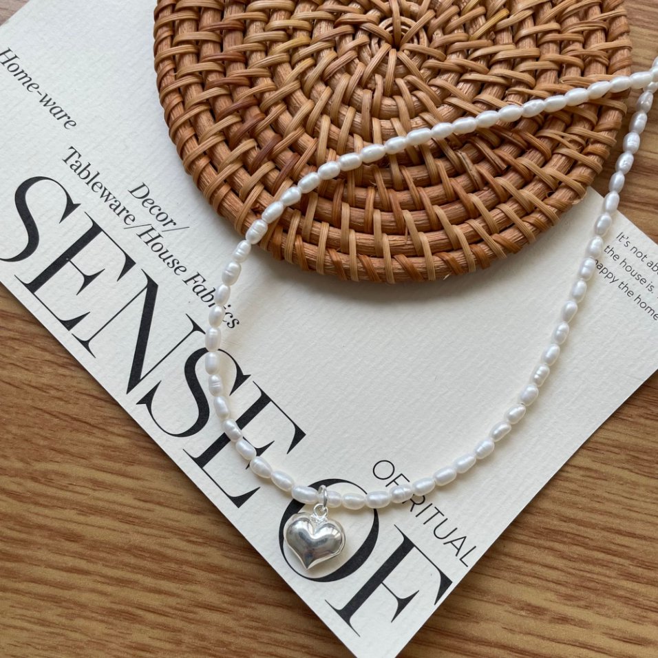Pearls Aura Heart Charm Rice Pearl Necklace – 925 Sterling Silver | Dainty Freshwater Pearls (40cm + 5cm)