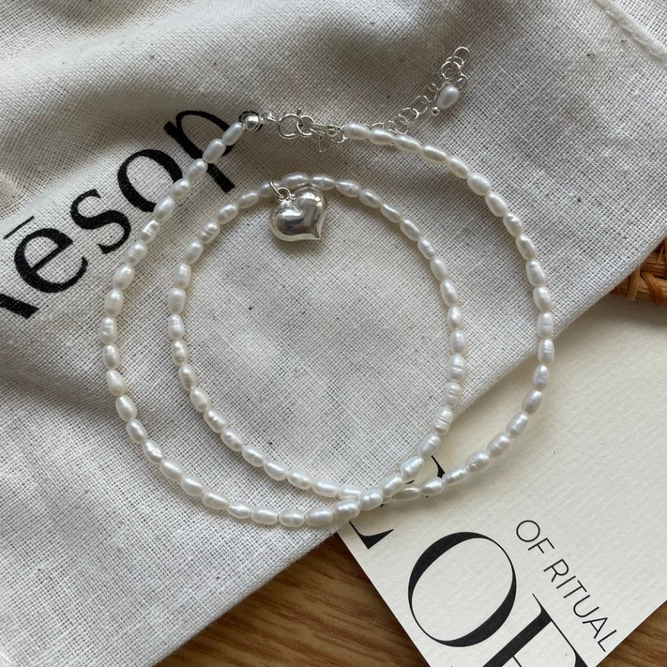 Pearls Aura Heart Charm Rice Pearl Necklace – 925 Sterling Silver | Dainty Freshwater Pearls (40cm + 5cm)