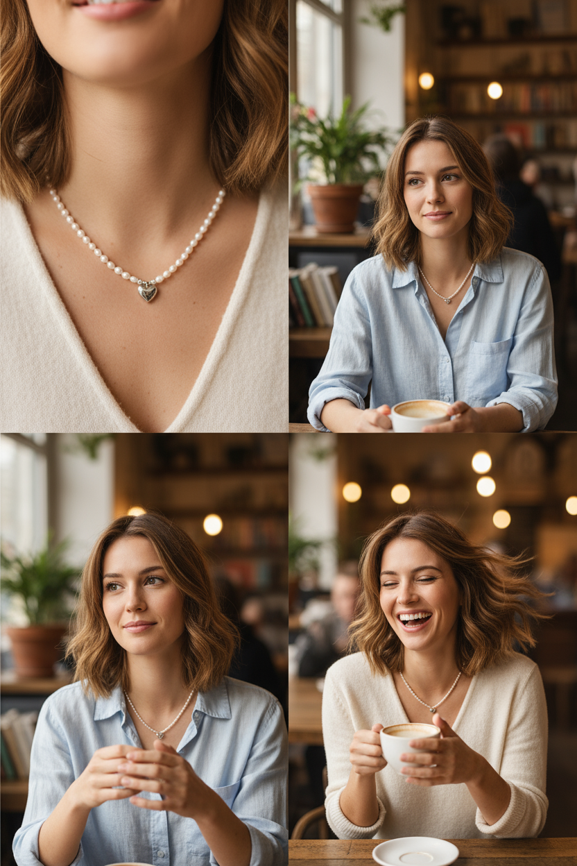 Pearls Aura Heart Charm Rice Pearl Necklace – 925 Sterling Silver | Dainty Freshwater Pearls (40cm + 5cm)