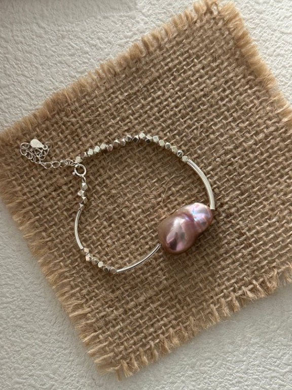 Pearls Aura Iridescent Baroque Silver Bead Bracelet – 925 Sterling Silver | Elegant Aurora Glow (14+5cm Adjustable)