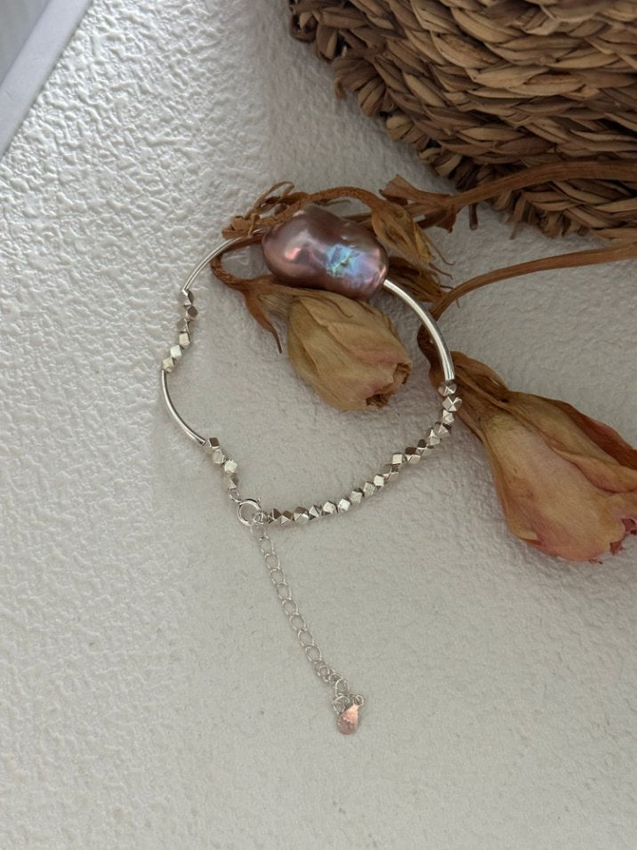 Pearls Aura Iridescent Baroque Silver Bead Bracelet – 925 Sterling Silver | Elegant Aurora Glow (14+5cm Adjustable)