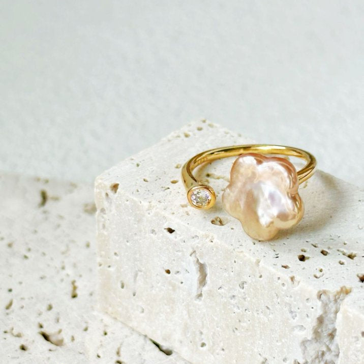 Pearls Aura Plum Blossom Pearl Ring – 14K Gold Filled & Sterling Silver | Elegant Baroque Flower Design