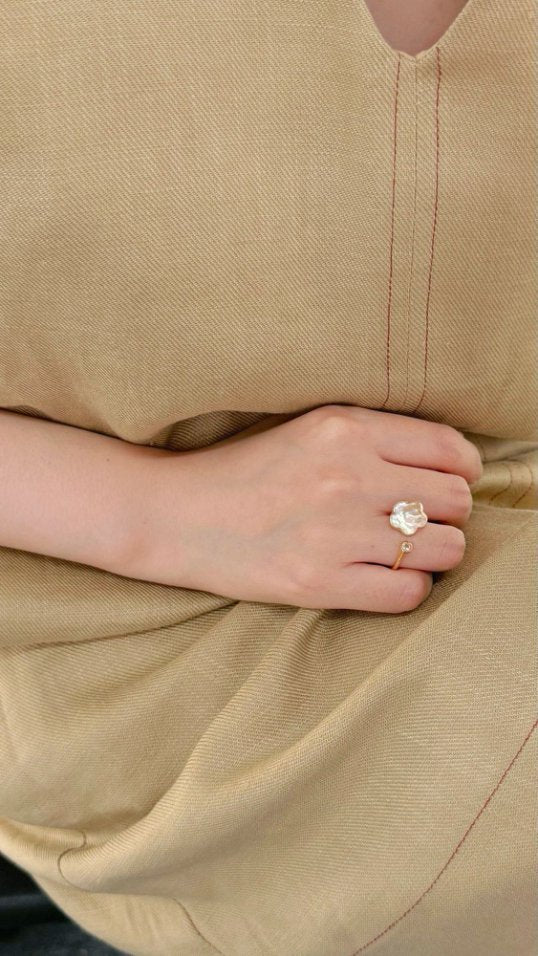 Pearls Aura Plum Blossom Pearl Ring – 14K Gold Filled & Sterling Silver | Elegant Baroque Flower Design