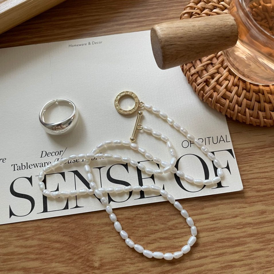 Pearls Aura Rice Pearl Toggle Necklace – 14K Gold Filled | Minimalist Everyday Elegance (42cm)