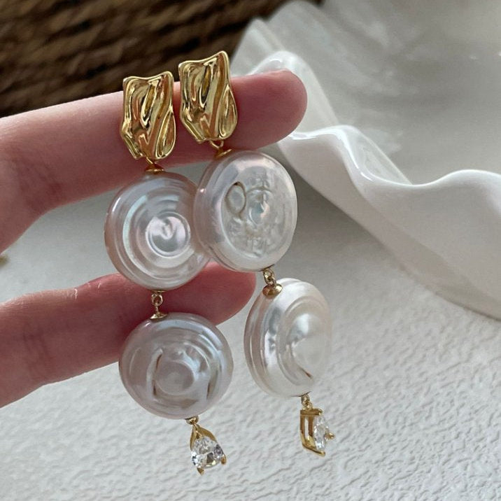 Pearls Aura Roman Holiday Double Pearl Earrings – 14K Gold Plated Sterling Silver | Elegant Statement Dangle