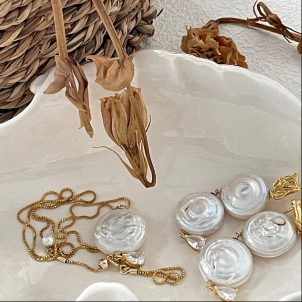 Pearls Aura Roman Holiday Double Pearl Earrings – 14K Gold Plated Sterling Silver | Elegant Statement Dangle