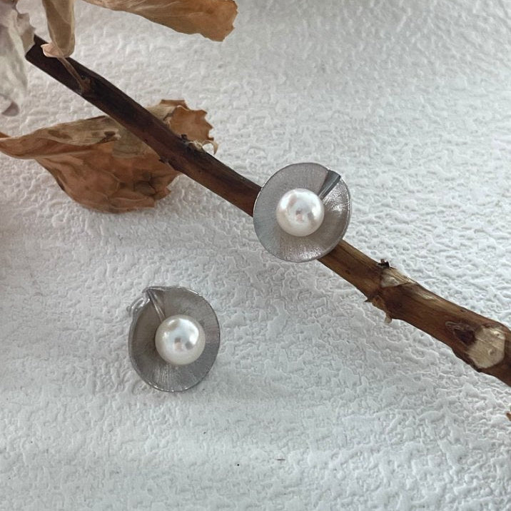 Pearls Aura Shell Pearl Stud Earrings – 925 Sterling Silver | Minimalist Ocean-Inspired Elegance