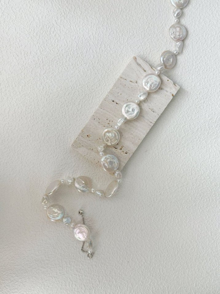 Pearls Aura Sun & Moon Baroque Pearl Necklace – Sterling Silver | Natural Iridescent Flat Coin Pearls (39cm + 5cm Adjustable)