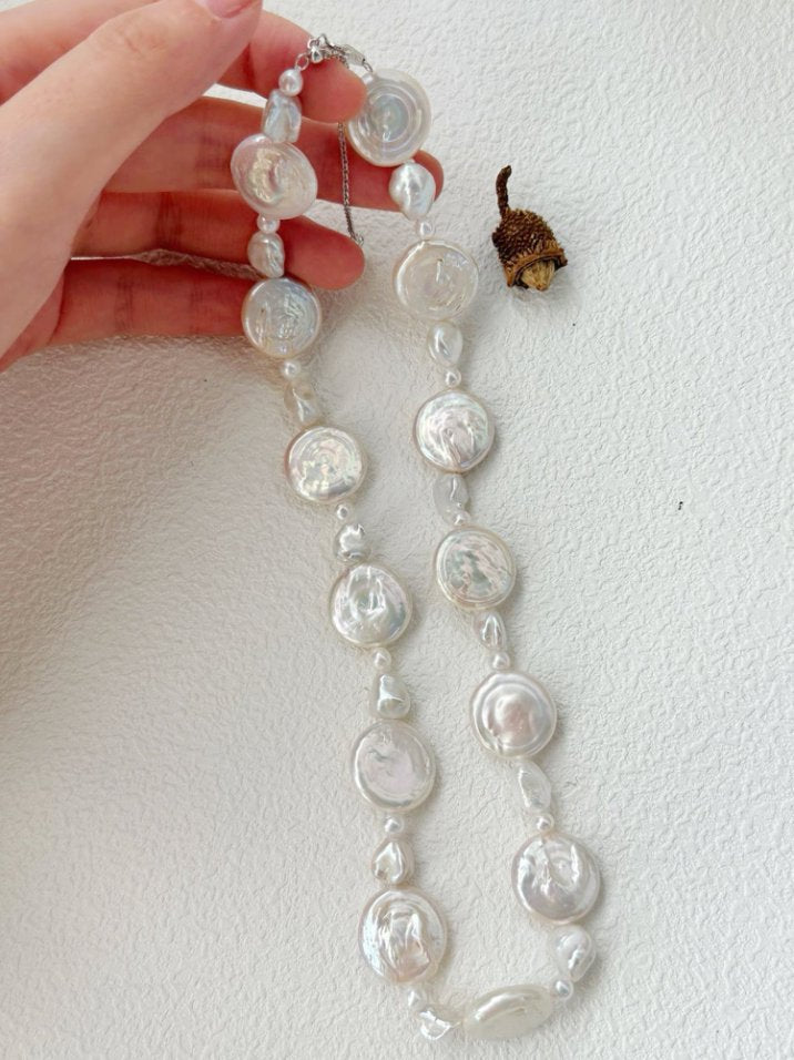 Pearls Aura Sun & Moon Baroque Pearl Necklace – Sterling Silver | Natural Iridescent Flat Coin Pearls (39cm + 5cm Adjustable)
