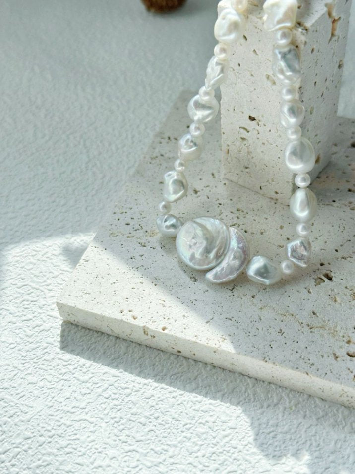 Pearls Aura Sun & Moon Baroque Pearl Necklace – Sterling Silver | 38cm + 5cm Adjustable